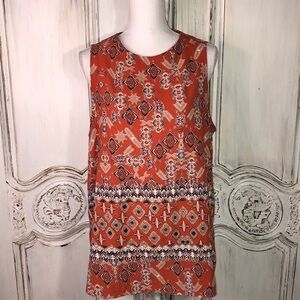 Elodie Orange and Tan Graphic Sleeveless High Neck Keyhole Closing Side Slit Top